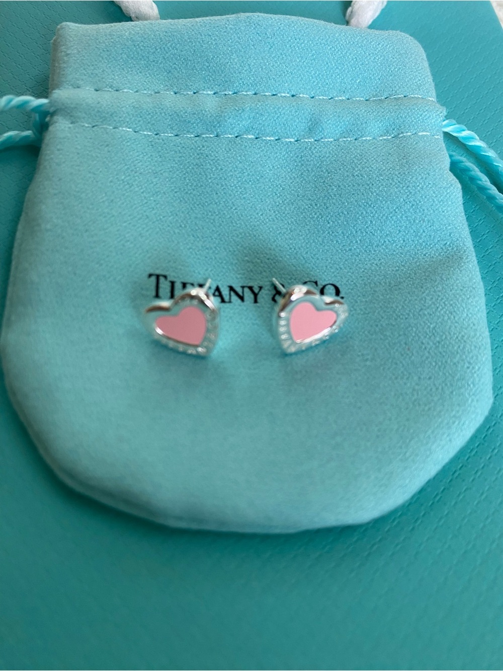 Tiffany & Co. Silver Heart Studs with Pink Enamel